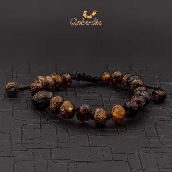 Baby Baltic Amber teething necklace and adjustable bracelet set-  Dark Green - - Picture 8 of 16